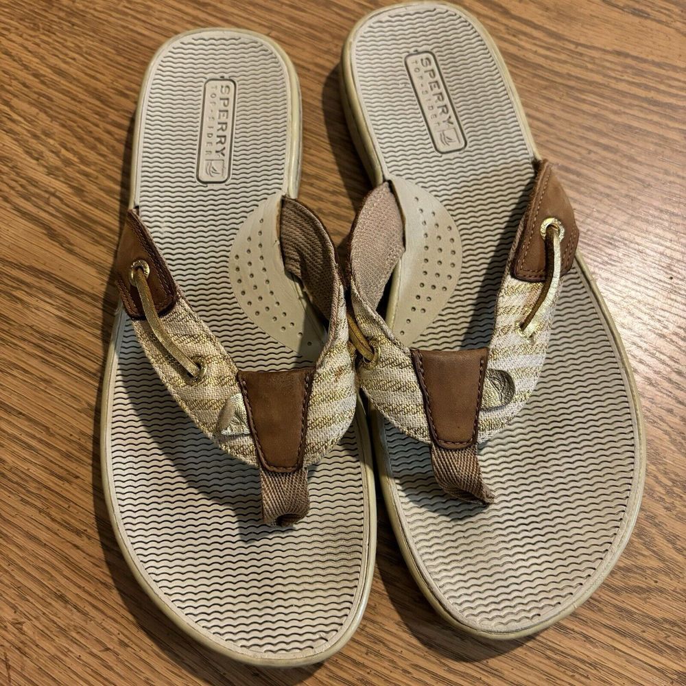 SPERRY Seafish Mariner Flip Flops Braided Boat Shoes Gold Sandals Women Size 7.5